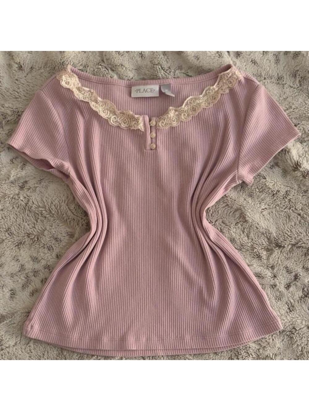 place lavender lace trim blouse with buttons